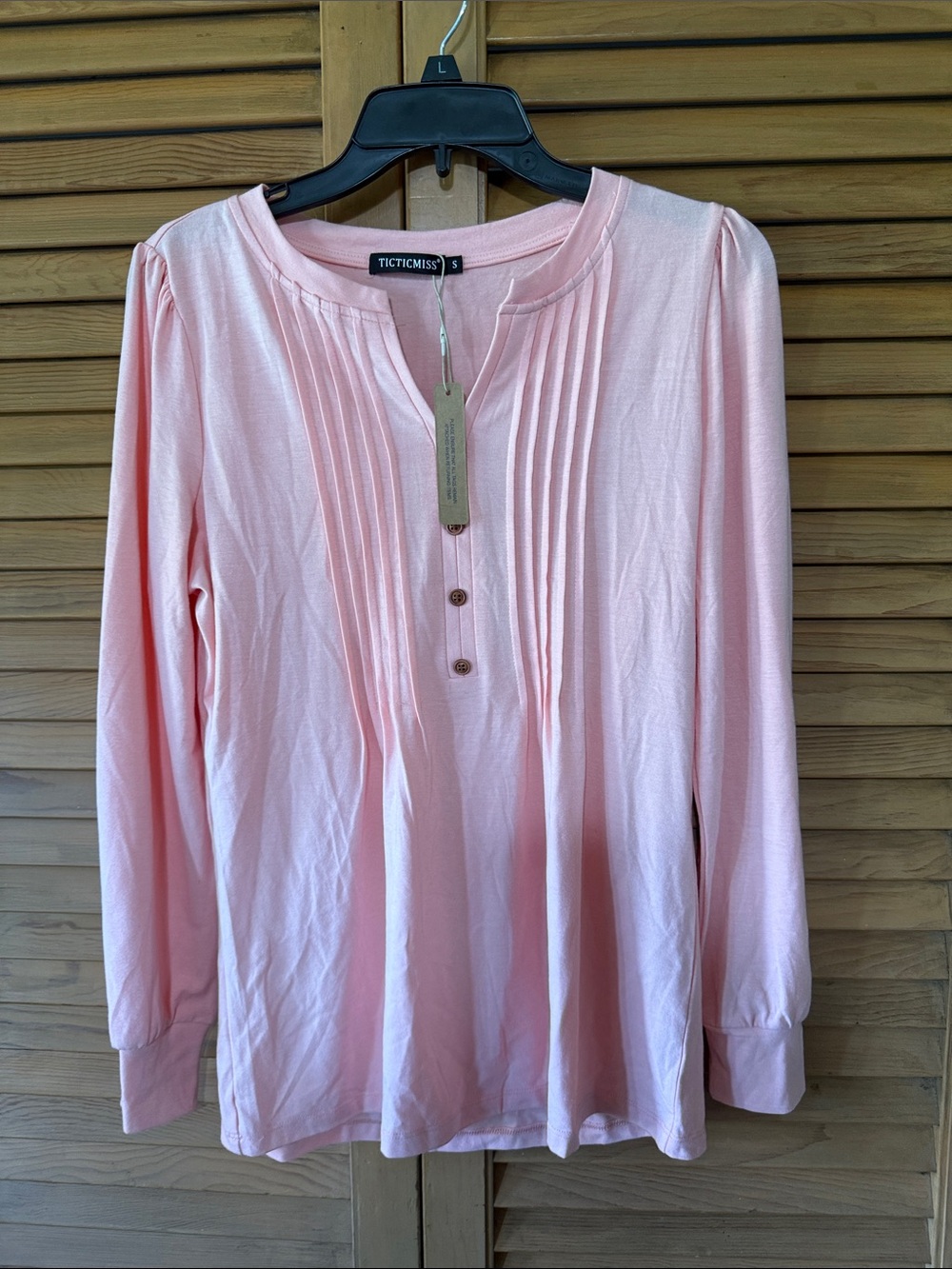 Ticticmiss Pink Long-Sleeve Pleated Henley Top